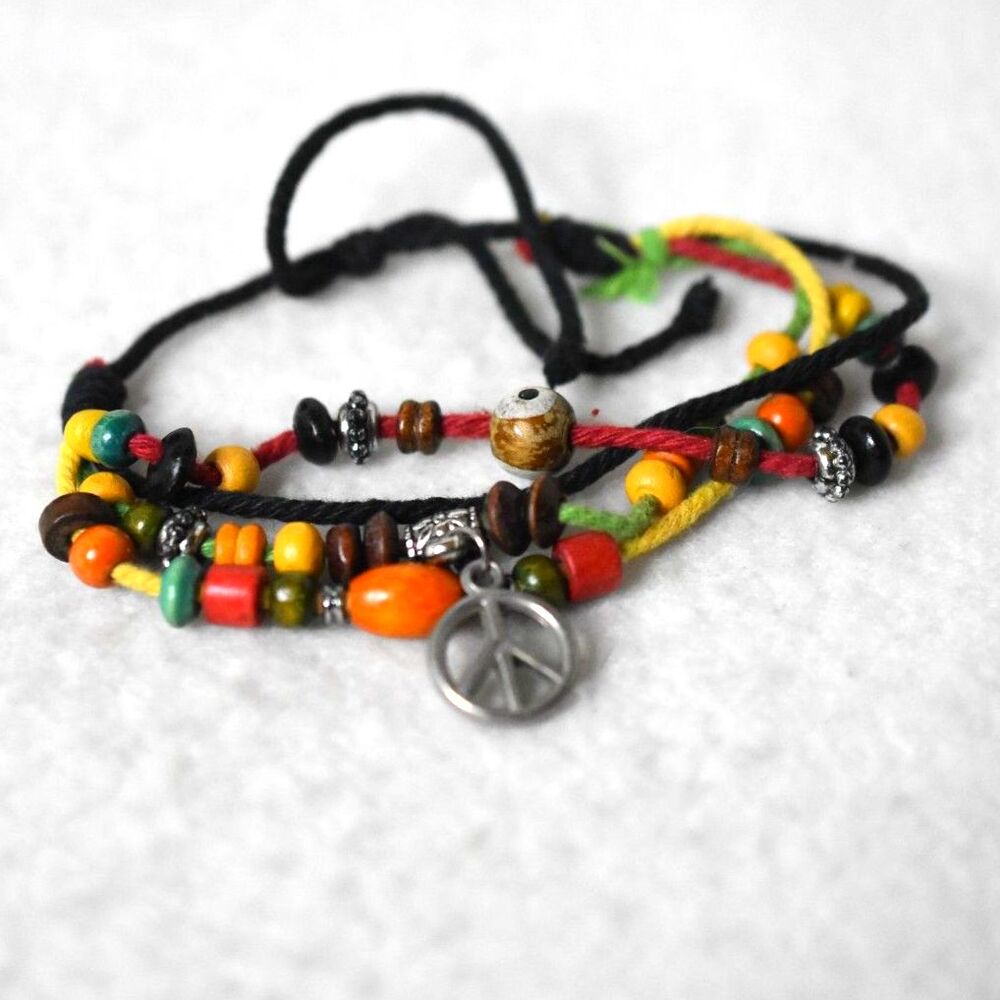 Vintage Reggae Island Vibe Multi Color Peace Black Cord Adjustable Bracelet